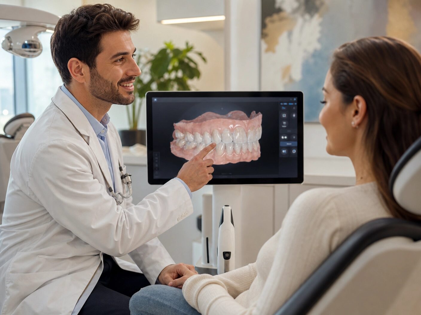 A modern dental professional reviews a 3D scan with a patient, highlighting the power of early detection in oral health.