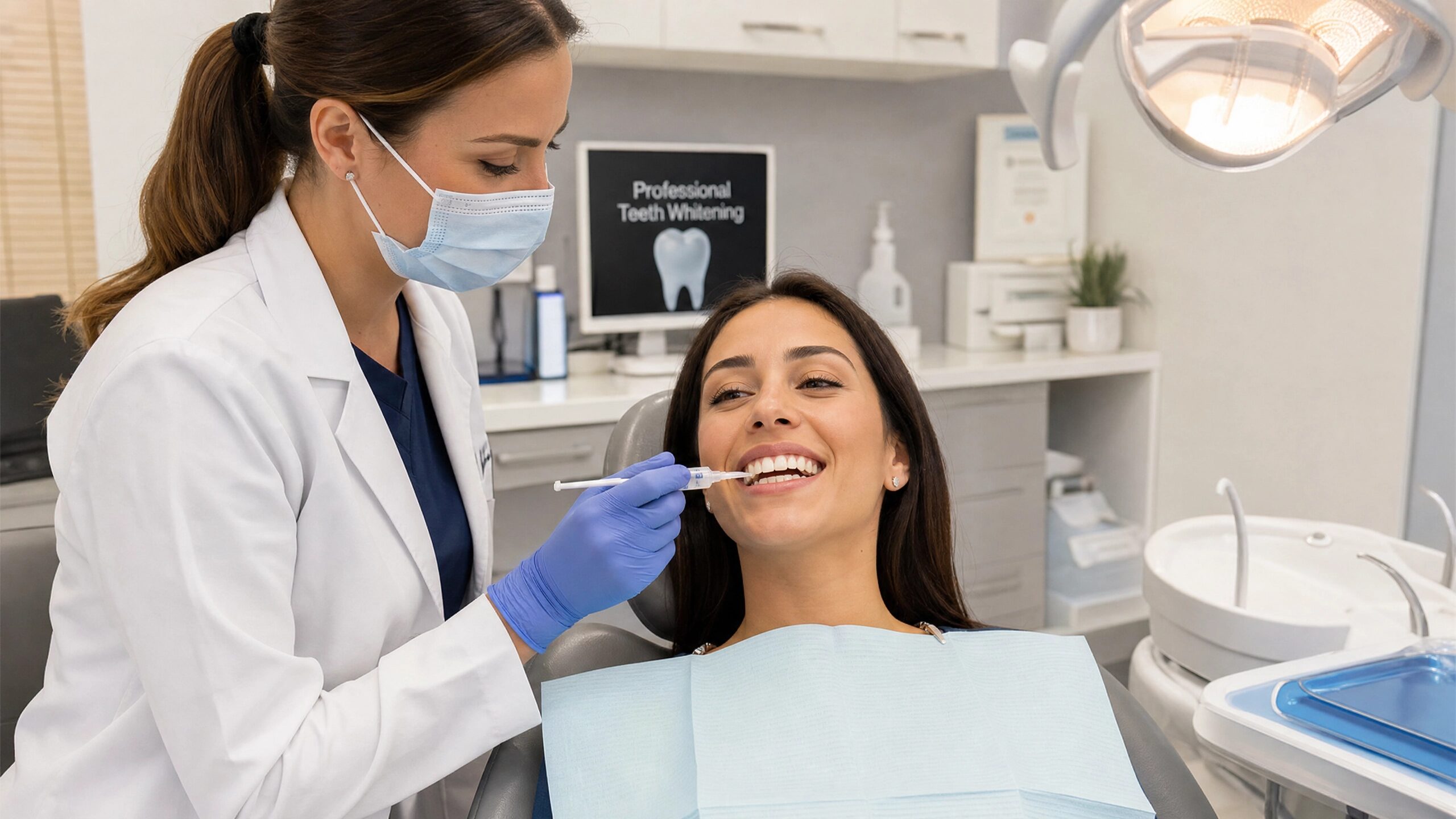 A dentist at Arch City Dental in Westerville, OH, applying professional teeth whitening gel to a relaxed, smiling patient in a modern dental chair.