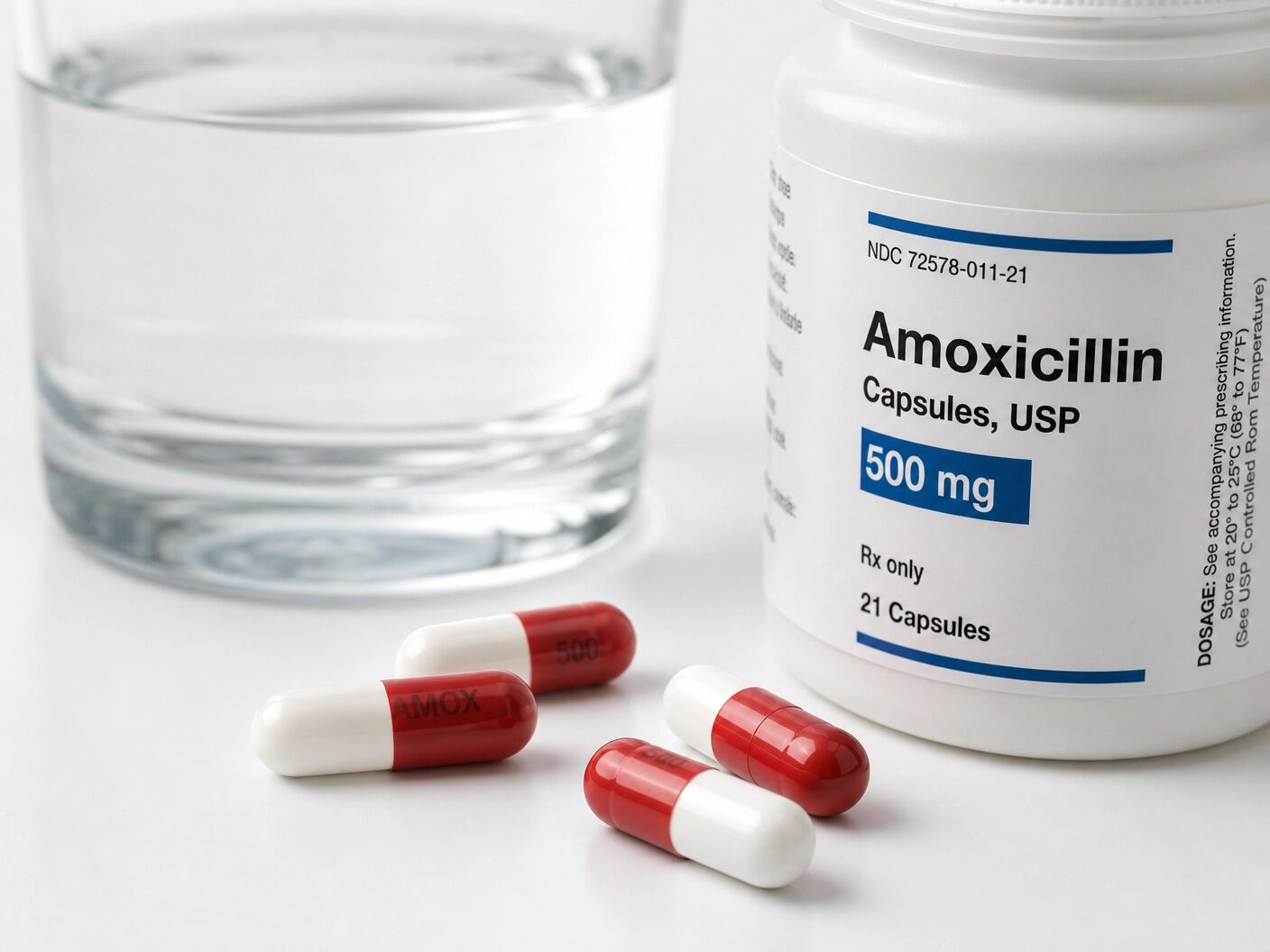 A bottle of Amoxicillin capsules and loose pills next to a glass of water on a white surface, representing the careful consideration of antibiotic prescription in dentistry. 