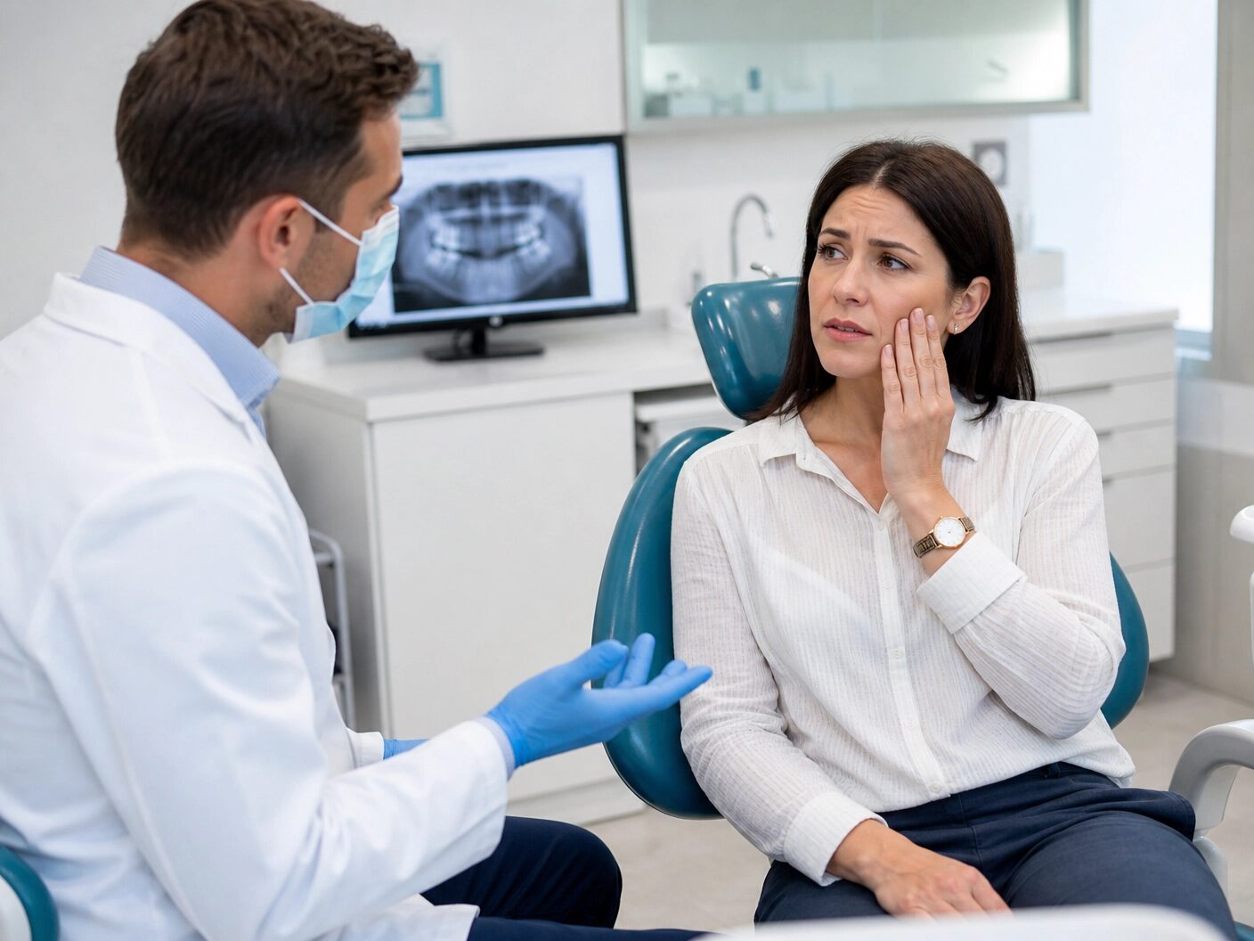 Dentist in a modern clinic consulting with a female patient holding her cheek in discomfort, emphasizing the importance of professional dental care for toothaches. 